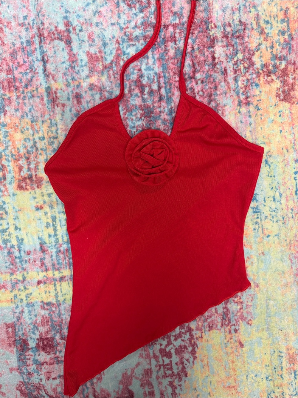 Women's Red Halter Camisole with Rosette Detail